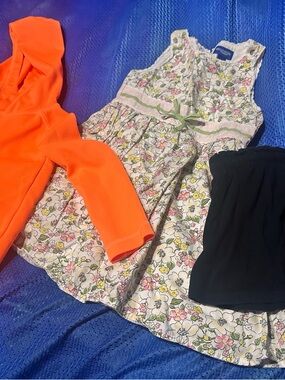 GAP Floral Dress with Green Trim and Bright Orange Hoodie
